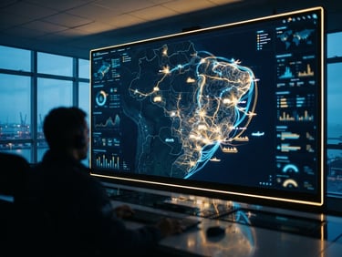 Wide-angle dynamic shot of a modern logistics telemetry screen displaying active transit routes across Brazil, cool twilight ambient light with gold accents, sharp focus, 35mm