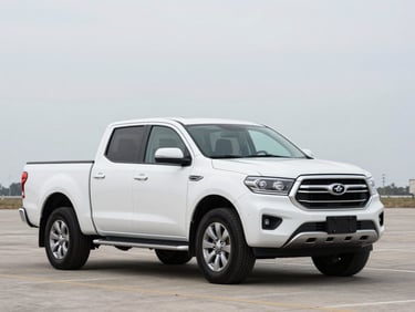 3/4-angle shot of a white pickup truck on an open lot under bright overcast daylight, full vehicle visible, empty lot, crisp flat light