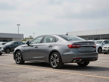 3/4-angle rear shot of a grey sedan on a dealer lot under bright overcast daylight, full vehicle visible, empty lot, no people