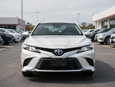 Head-on shot of a white 2020 Toyota Camry parked on an open dealer lot, bright overcast daylight, clean asphalt, no people