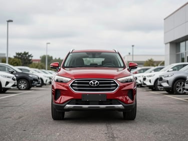 Head-on shot of a red mid-size crossover SUV on a dealer lot, bright overcast daylight, full front visible, empty asphalt, no people
