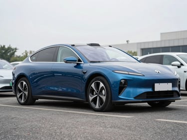 3/4-angle shot of a deep blue electric sedan parked on a dealer lot under bright overcast daylight, full vehicle visible, clean asphalt, no people