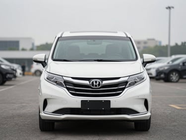 Head-on shot of a pearl white minivan on an open dealer lot, overcast daylight, full front visible, no people, neutral background