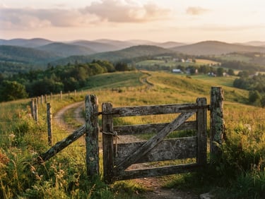 Warm editorial photography of rolling Machias hills at golden hour, a rustic wooden farm gate in the foreground, soft-focus background, 35mm film