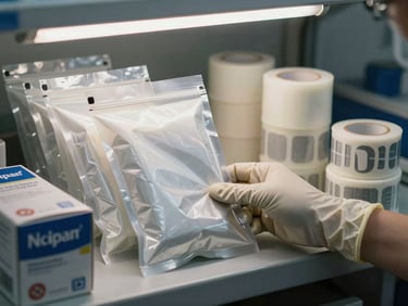 Close-up of anti-static packaging bags, nitrile gloves box, and adhesive label rolls stacked on a workbench shelf under tungsten shop light, no studio styling