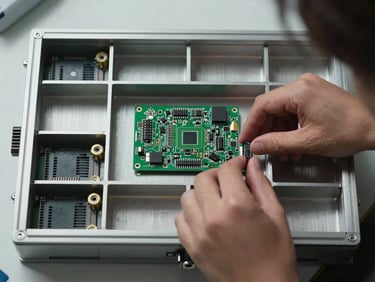 Overhead flat-lay of a manual assembly jig with component compartments and a PCB seated in position, operator hands partially visible setting a component, north-facing daylight