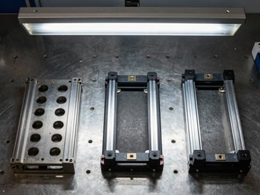 Overhead flat-lay of three PCB assembly fixtures arranged on a steel workbench — wave solder pallet, manual assembly jig, and testing fixture — tungsten overhead light, machined edges sharp and visible, no hands