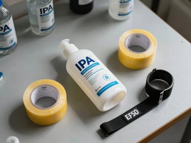 Overhead shot of IPA cleaning solution bottle, Kapton tape rolls, and ESD wrist strap laid out on a grey workbench under north-facing daylight, original packaging intact