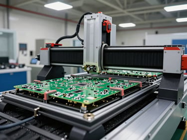 Wide environmental shot of a routing fixture mounted on a CNC router bed, PCB panel secured with clamps, aluminium fixture body with machined channels visible under factory ceiling lights