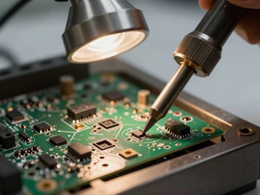 Tight close-up of a soldering fixture with a PCB seated in locating slots, soldering iron tip approaching a joint, tungsten bench lamp casting a tight pool of warm light on the joint