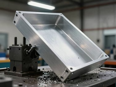 Tight angled shot of a mechanical holding fixture gripping an aluminium enclosure panel in a mill, clamp screws tightened, chips on the table, industrial ceiling lamp overhead