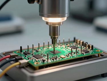 Close-up of a bed-of-nails testing fixture with probe pins aligned over a populated PCB, electrical cables exiting the frame, harsh tungsten shop light from above