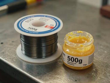 Close-up of 500g solder wire spool and flux paste jar on a steel workbench under warm tungsten light, original packaging visible, no styling