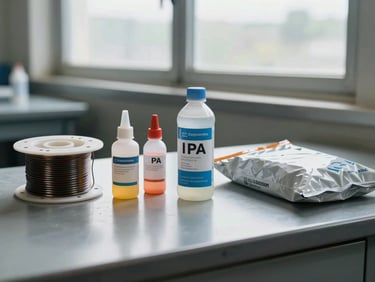 Close-up of consumables laid out on a workbench — solder wire reel, flux bottle, IPA solution canister, and ESD bag — north-facing daylight from an industrial window, packaging labels legible, no hands