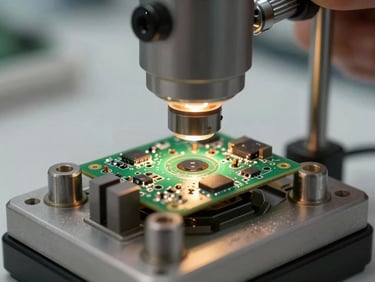 Close-up of an inspection fixture holding a PCB under a loupe stand, machined locating features visible, warm tungsten bench light illuminating solder joints for visual check