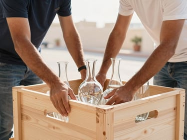 Close-up of a professional moving crew carefully packing high-end glassware into a secure wooden crate, warm UAE sunlight.