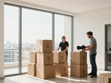 Bright modern Dubai apartment interior with neatly labeled moving boxes stacked near a large window.