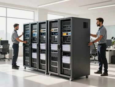 Organized office relocation showing structured packing of IT infrastructure and files in Dubai, bright lighting