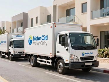 Clean branded moving trucks parked in a modern Dubai Motor City residential street under bright morning sun.