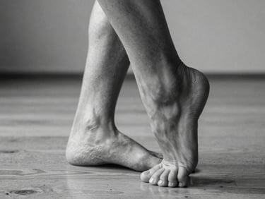 Extreme close-up of a dancer's bare foot arching against a wooden studio floor, soft natural light highlighting the anatomy and physical tension, monochrome.