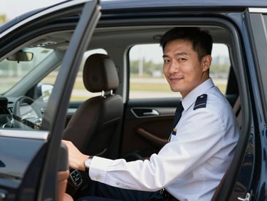 A professional driver in a neat uniform smiling politely, holding open the door of a spacious, spotless premium SUV cabin, bright morning light