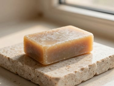 Macro shot of a solid shampoo bar resting on a damp travertine stone soap dish, warm golden hour window light, soft shadows, organic texture.