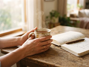 Close-up of hands holding a warm ceramic cup of tea next to a linen notebook on a wooden table, soft morning light filtering through a window, shallow depth of field