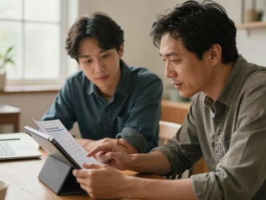 A mentor and mentee reviewing a resume or portfolio on a tablet, in a collaborative workspace, warm natural light, candid framing.