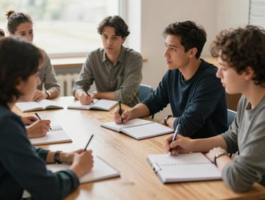 A diverse group of adults in a community workshop, engaged in a discussion about financial concepts, hands on notebooks, warm natural light, candid framing.