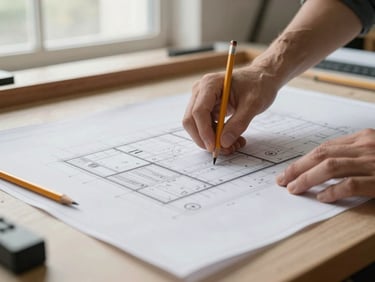 Close-up of hands over large architectural blueprint on a drafting table in a studio with soft north-facing window light, pencil resting near the edge, technical detail lines visible — no person's face, context of professional craft evident