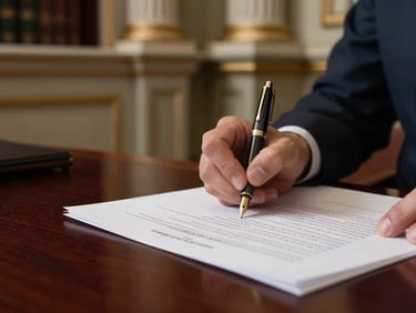 Close-up of a fountain pen signing a confidential financial document on a dark mahogany desk, soft office lighting, architectural details in background, 35mm