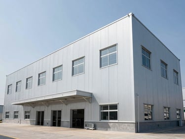 Exterior of a modern agro-industrial processing plant, clean architectural lines, bright daylight, metallic textures, professional environment