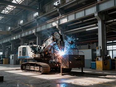 Heavy machinery in operation inside a massive manufacturing plant, welding sparks, deep shadows, cool metallic tones.