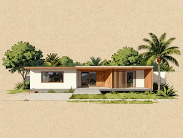 Architectural home design sketch on textured warm sand paper, showing clean geometric lines, minimal layouts, and sustainable timber framing details, bright natural light.