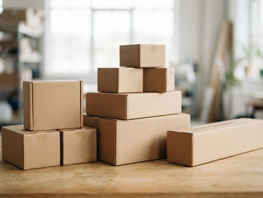 Crisp product photography of pristine unbranded corrugated boxes of various sizes arranged in orderly geometric compositions on light wood surface, bright natural daylight, shallow depth of field, 50mm