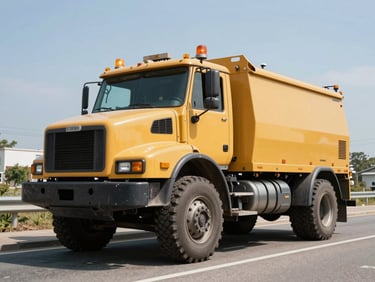 Low-angle shot of a heavy-duty mobile tire service truck parked on a Windsor highway shoulder under bright, high-contrast outdoor daylight, amber safety beacons flashing.