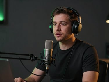 A professional male podcast host speaking into a high-end studio microphone, warm rim lighting, deep charcoal background, professional workspace setting.