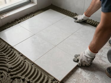 Environmental mid-work shot of bathroom floor installation, worker's gloved hands pressing large-format porcelain tile into fresh mortar, grout lines visible on adjacent set tiles, natural side light from window, overhead angle showing tile layout progress