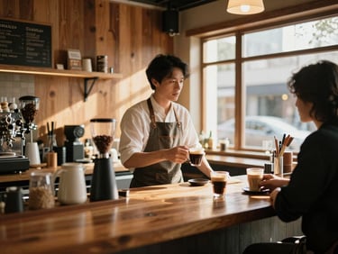 Wide-angle shot of a barista engaging with a customer at a coffee bar, warm sun-drenched café interior, focus on interaction, rich wood textures.