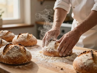Close-up of a baker's hands dusting flour over fresh artisanal bread on a wooden table, warm kitchen light, steam rising, shallow depth of field.