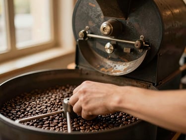 Close-up of a barista's hands operating a vintage coffee roasting machine, warm ambient light, rich textures of metal and coffee beans, shallow depth of field.