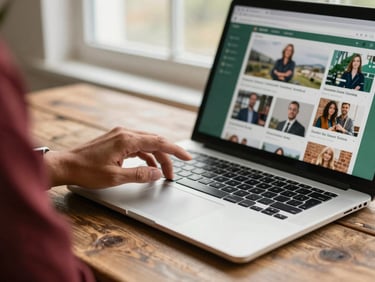 Candid close-up of a digital marketer planning a social media feed layout on a laptop, soft natural window light, rustic wooden table, warm editorial photography, 35mm.
