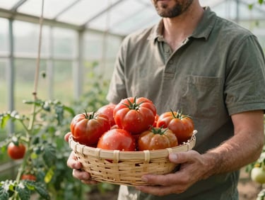 Candid shot of a local farmer holding a basket of fresh organic heirloom tomatoes in a sunlit greenhouse, shallow depth of field, warm tones