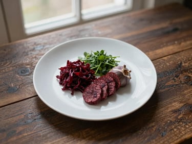 Overhead flat-lay of minimalist Scandinavian-style plated dish, raw organic ingredients on a rustic dark wooden table, soft natural window light, rich crimson tones, shallow depth of field