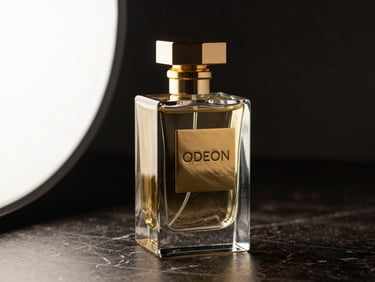 Close-up product shot of Odeon perfume bottle on dark marble surface, hard rim light from the left, gold label catching specular highlight, deep shadow behind
