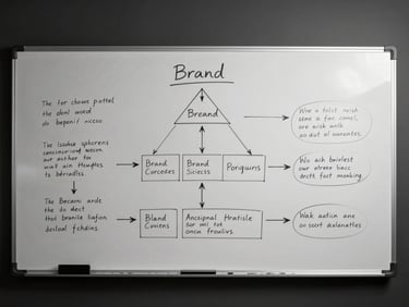 Wide shot of a whiteboard covered in handwritten positioning architecture — arrows, brand hierarchy notes, circled claim statements — sharp studio rim light from upper right, dark background, no person visible, precise and architectural