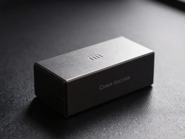 Detail shot of China-Success e-commerce product on dark textured surface, rim lighting from upper right, sharp product edges, minimal background clutter