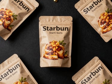 Studio flat-lay of Starbun product packaging on black surface, hard overhead light, single gold accent element visible, tight frame with minimal negative space