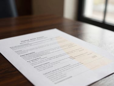 Professional close-up of legal documents and medical prescriptions on a dark wood desk, soft natural window light, deep navy and champagne tones, shallow depth of field