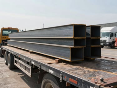 Wide daylight shot of a flatbed trailer loaded with steel beams at a freight yard, the deck and tie-down rails sharp in foreground, other fleet vehicles visible in background under open sky
